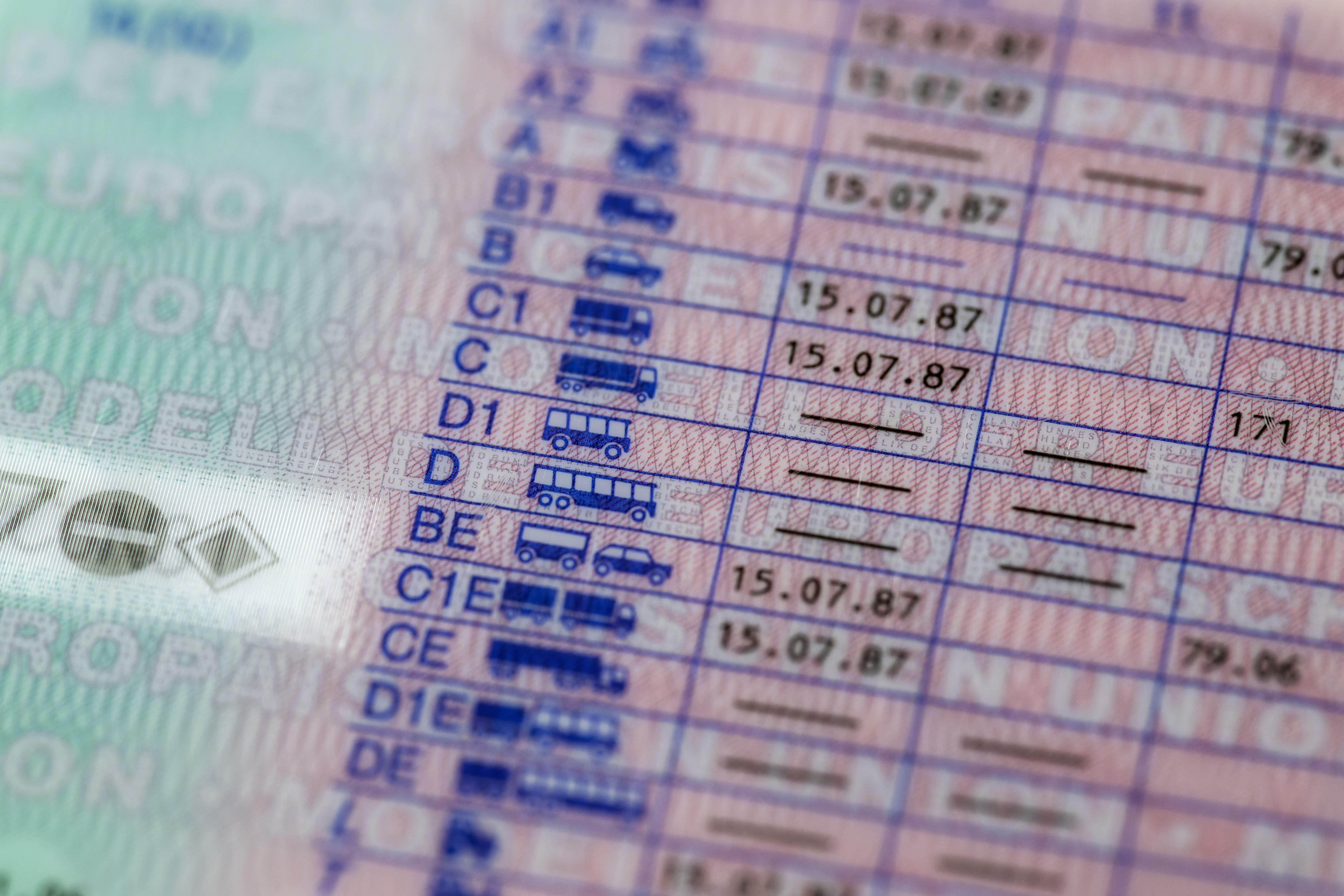 An EU driver's license in detail shows the registered driving license classes such as C, C1, and CE with corresponding validity dates and key numbers.