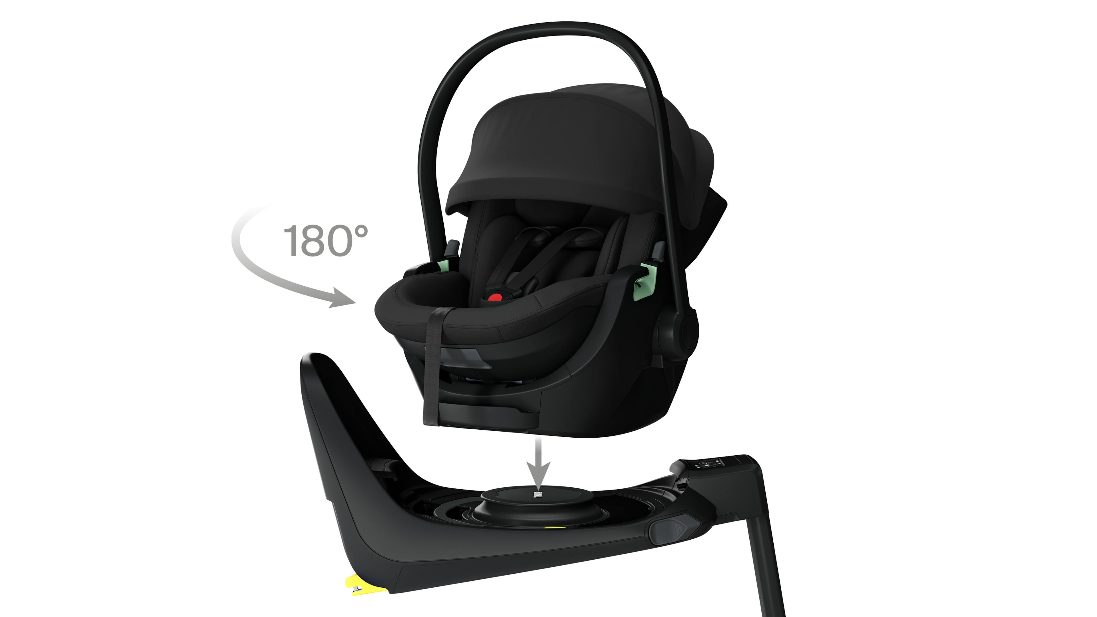 A baby car seat is shown while it is placed on an Isofix base with a 180-degree rotation function.