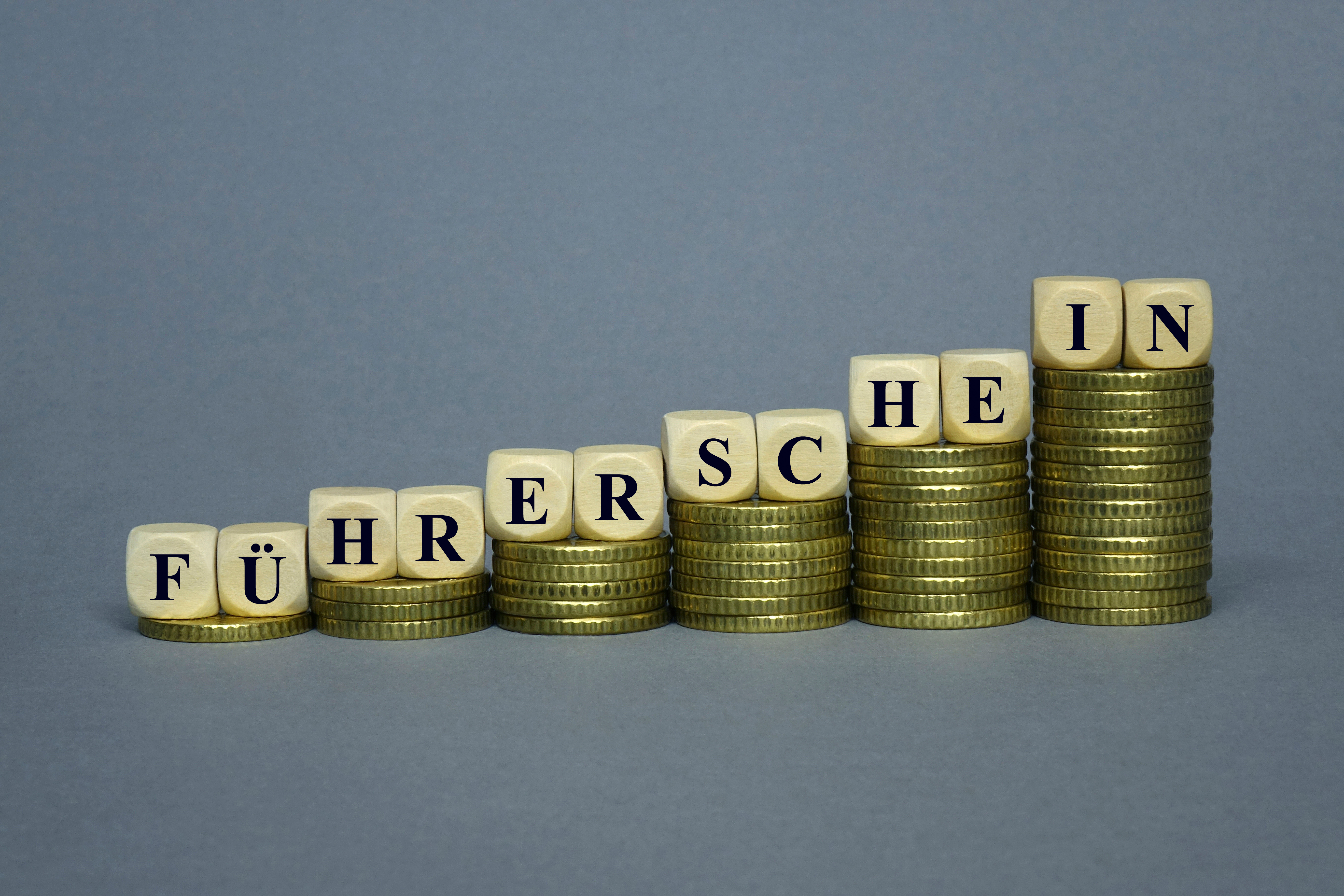 A stacked coin motif with letter cubes forming the word "driver's license" symbolizes the rising cost of obtaining a driver's license.