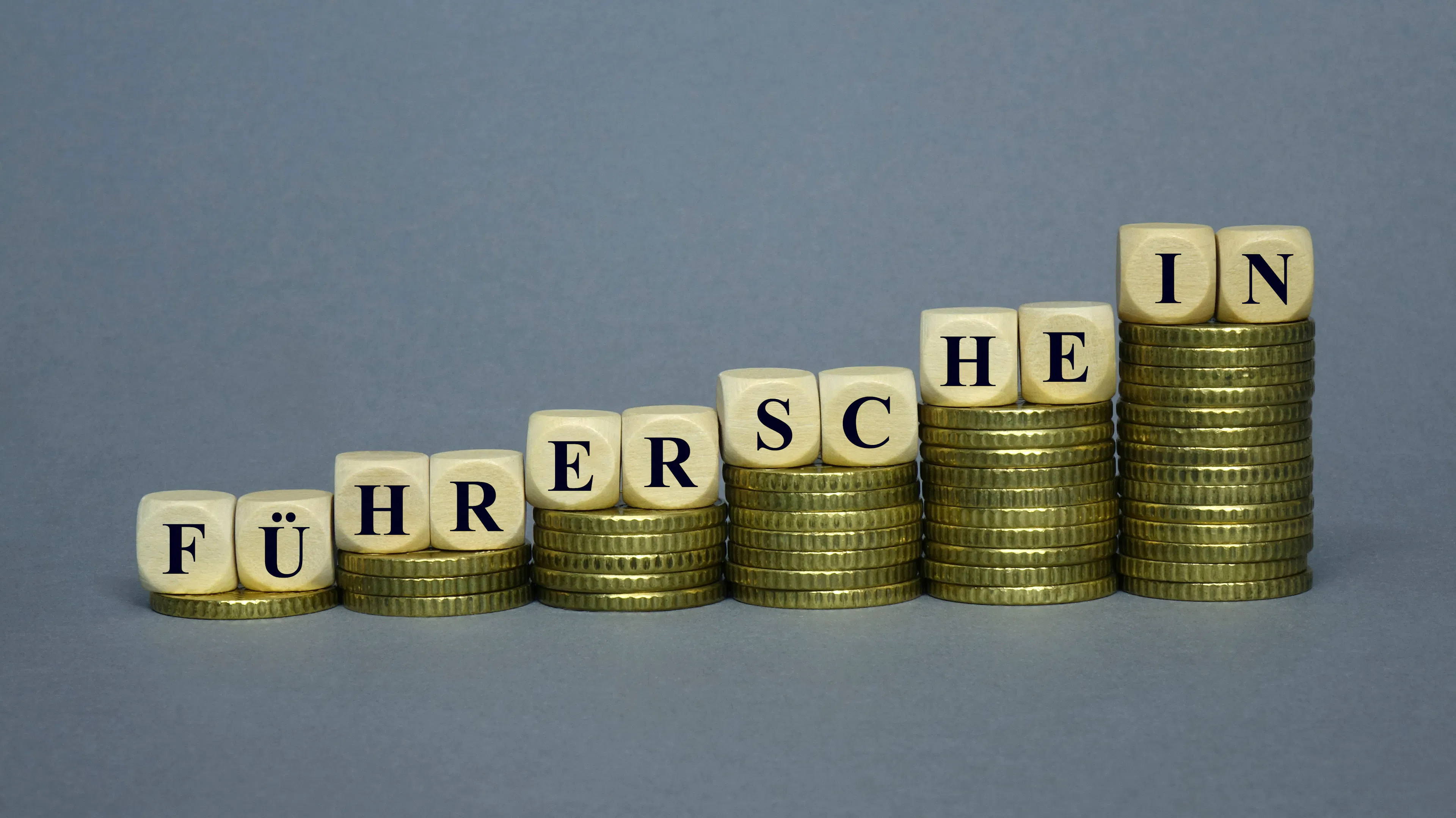 A stacked coin motif with letter cubes forming the word "driver's license" symbolizes the rising cost of obtaining a driver's license.