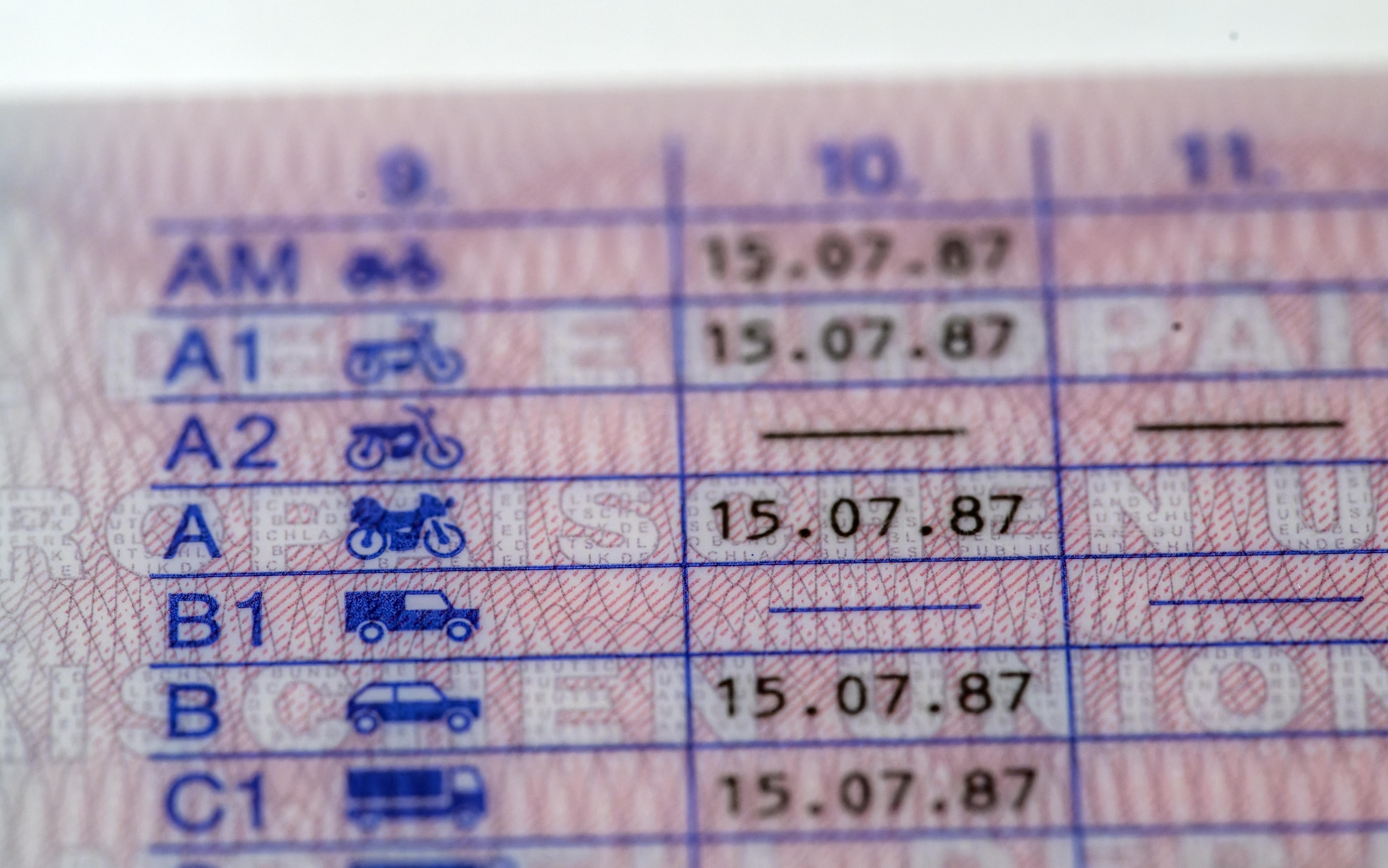 Close-up of a driver's license with different driving license classes and the corresponding issue dates.