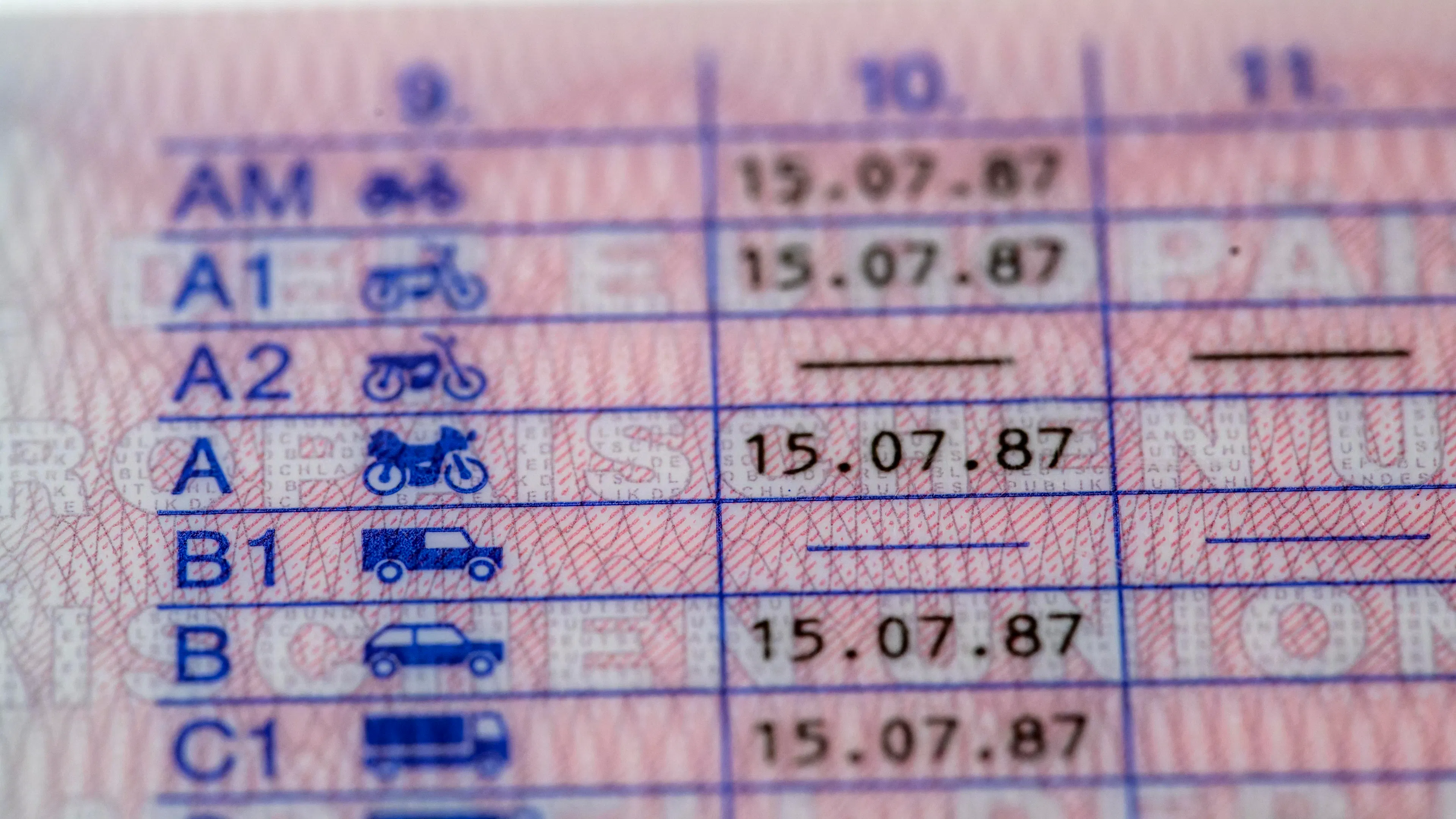Close-up of a driver's license with different driving license classes and the corresponding issue dates.