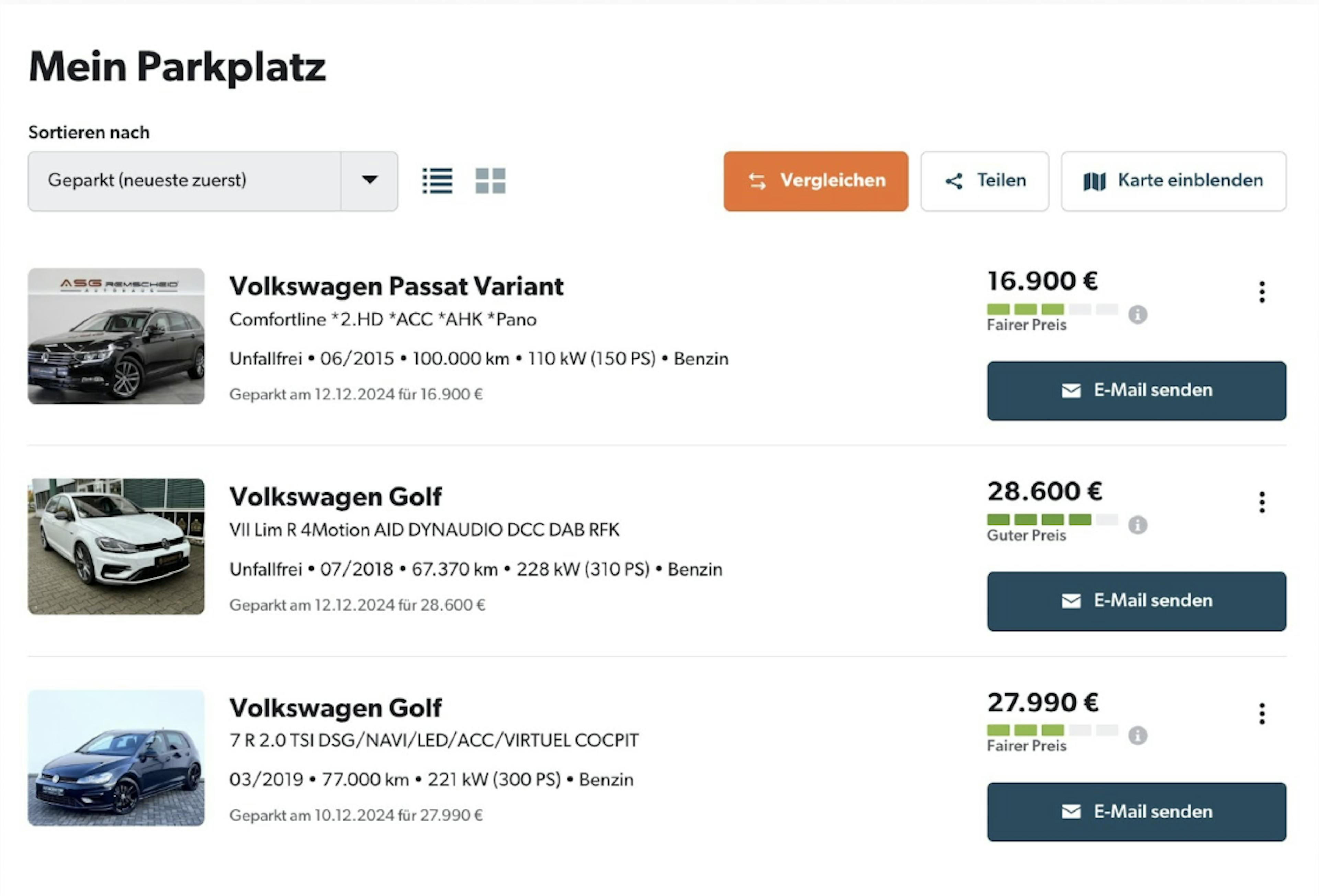 Ansicht der Fahrzeuge, die auf dem virtuellen Parkplatz von mobile.de geparkt sind.
