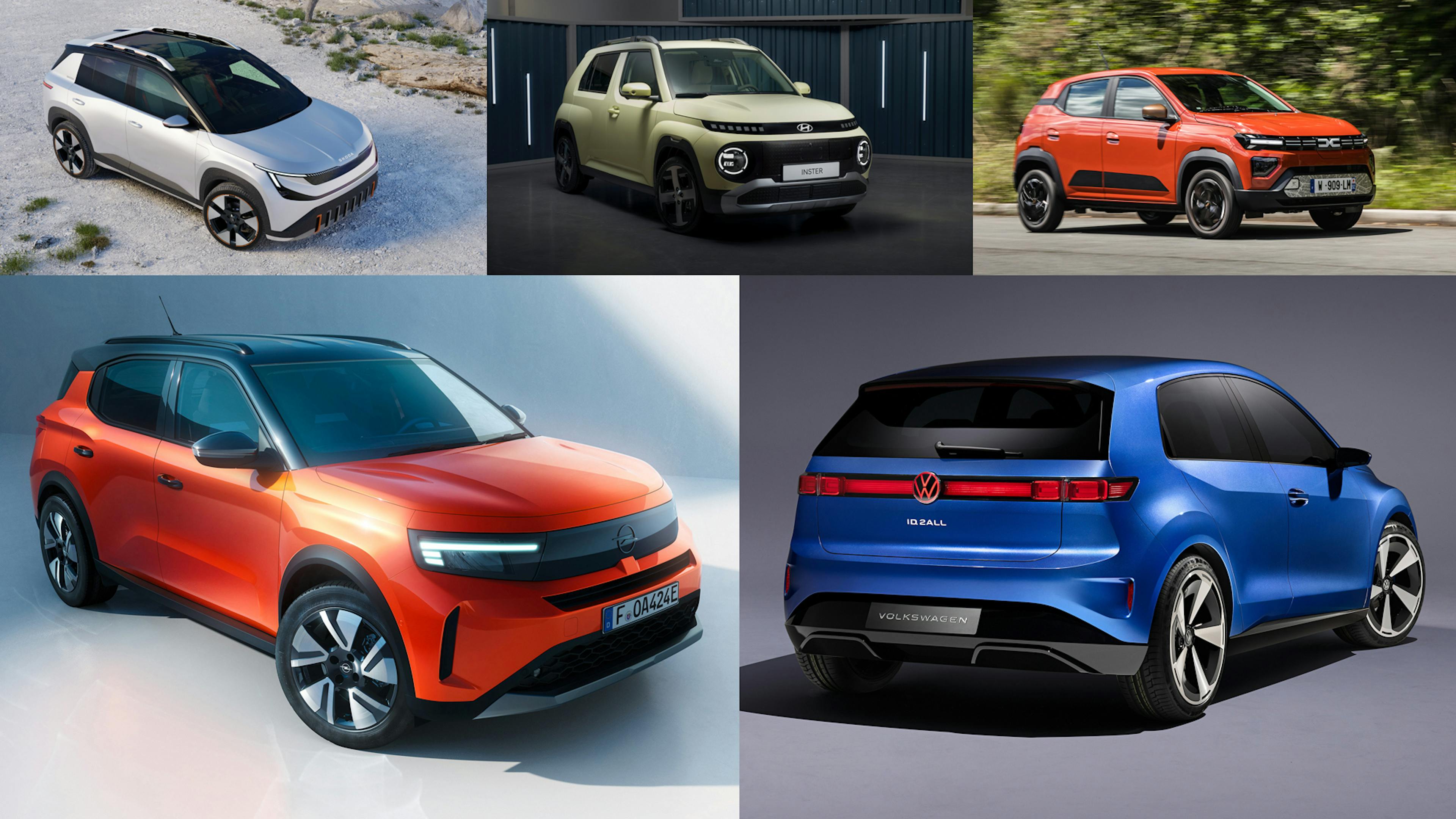 Eine Bildcollage zeigt fünf kompakte und moderne E-Autos verschiedener Hersteller, darunter Modelle von Škoda, Hyundai, Dacia, Opel und Volkswagen.