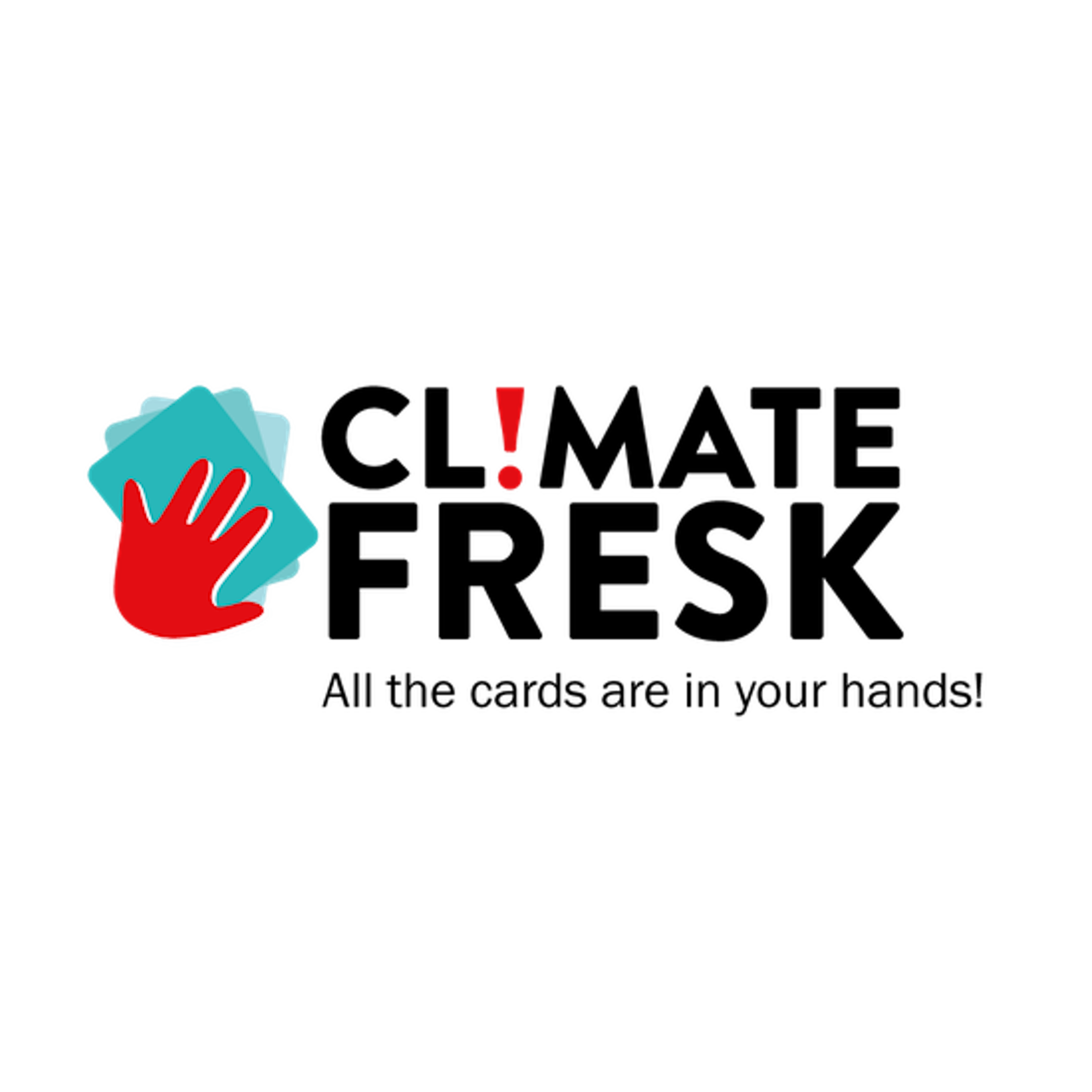 Ein Logo zeigt einen Handabdruck auf blauem Hintergrund neben dem Schriftzug "Climate Fresk" und der Unterüberschrift "all the cards are in your hands"
