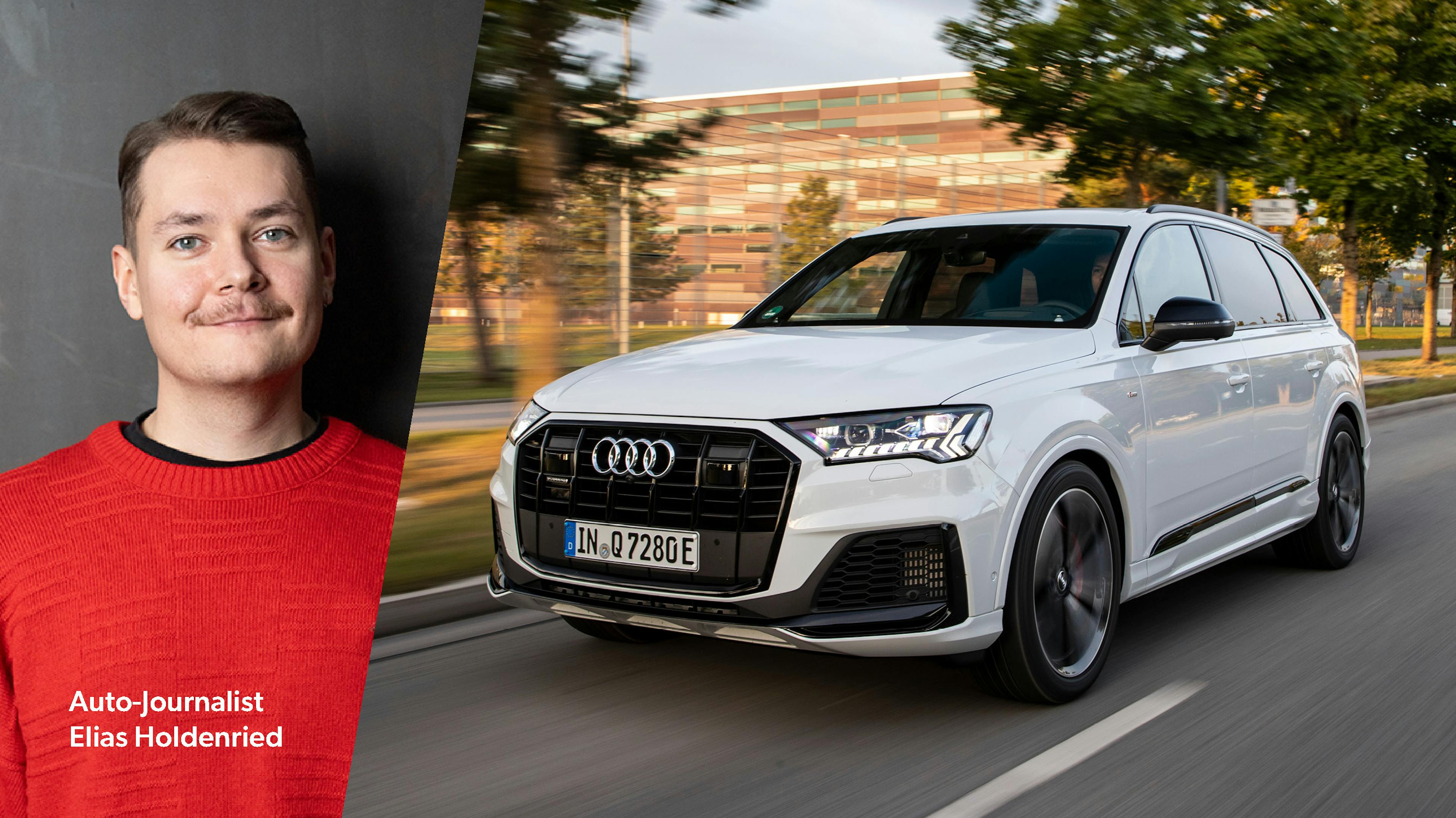 Der Redakteur und ein weißer Audi Q7, der durch die Stadt fährt.