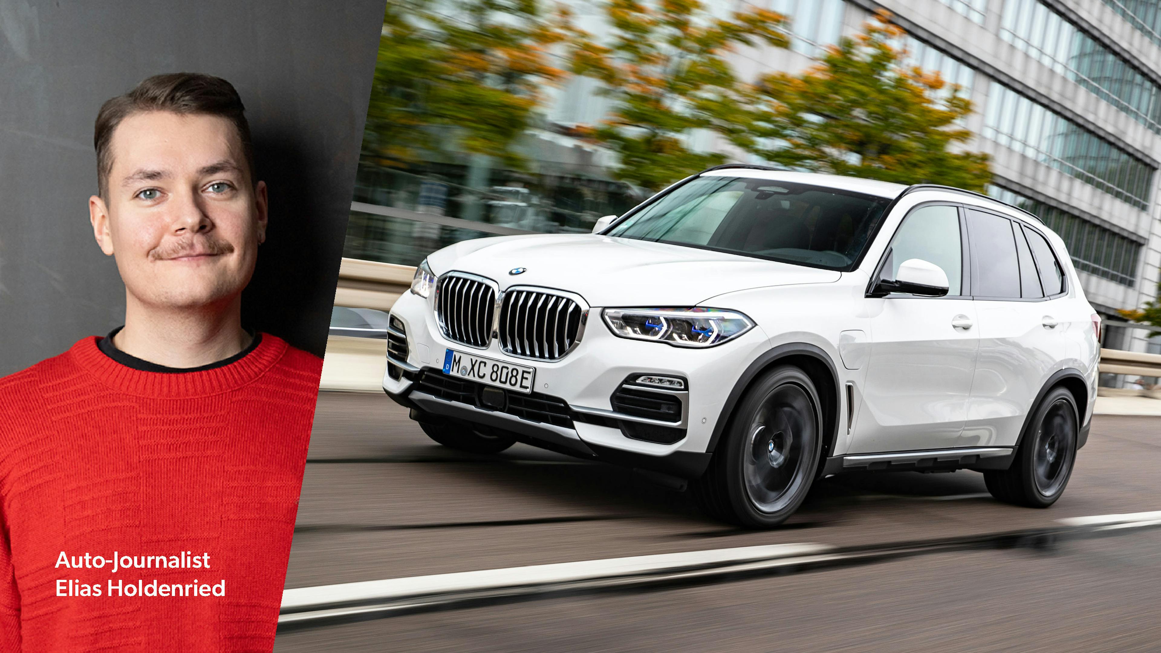 Ein weißer BMW X5 fährt auf einer Stadtautobahn. Eine Kollage mit Autoredakteur Elias Holdenried.