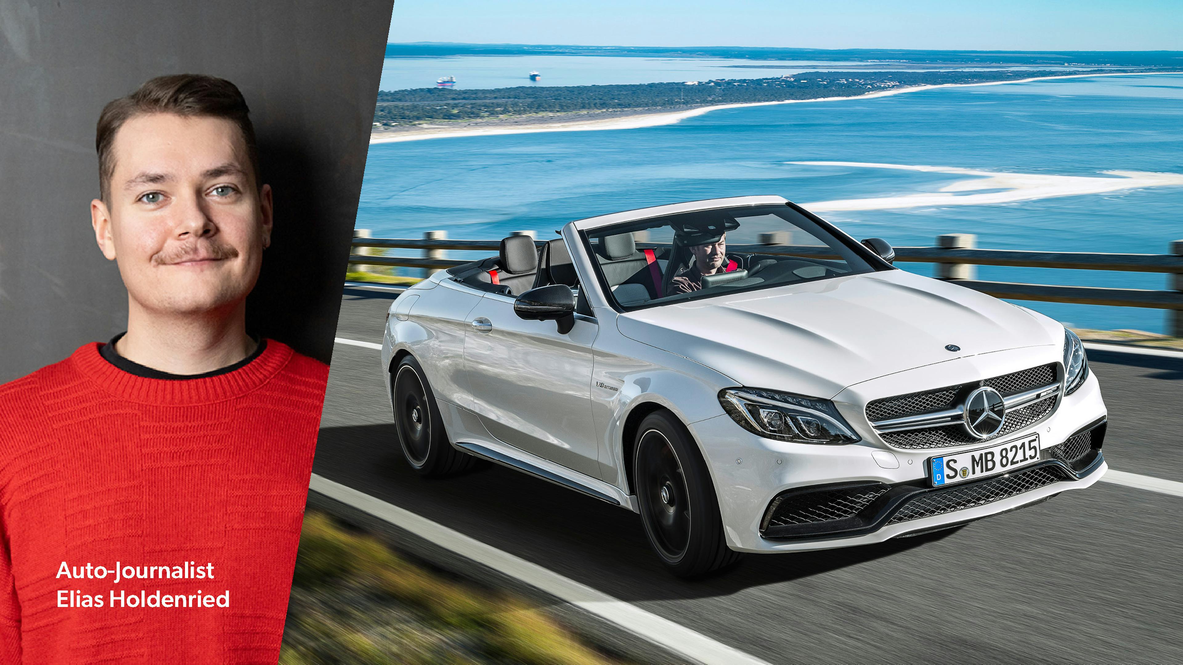 Ein weißes Mercedes-AMG C63 Cabriolet fährt eine Küstenstraße entlang. Eine Kollage mit Autoredakteur Elias Holdenried.