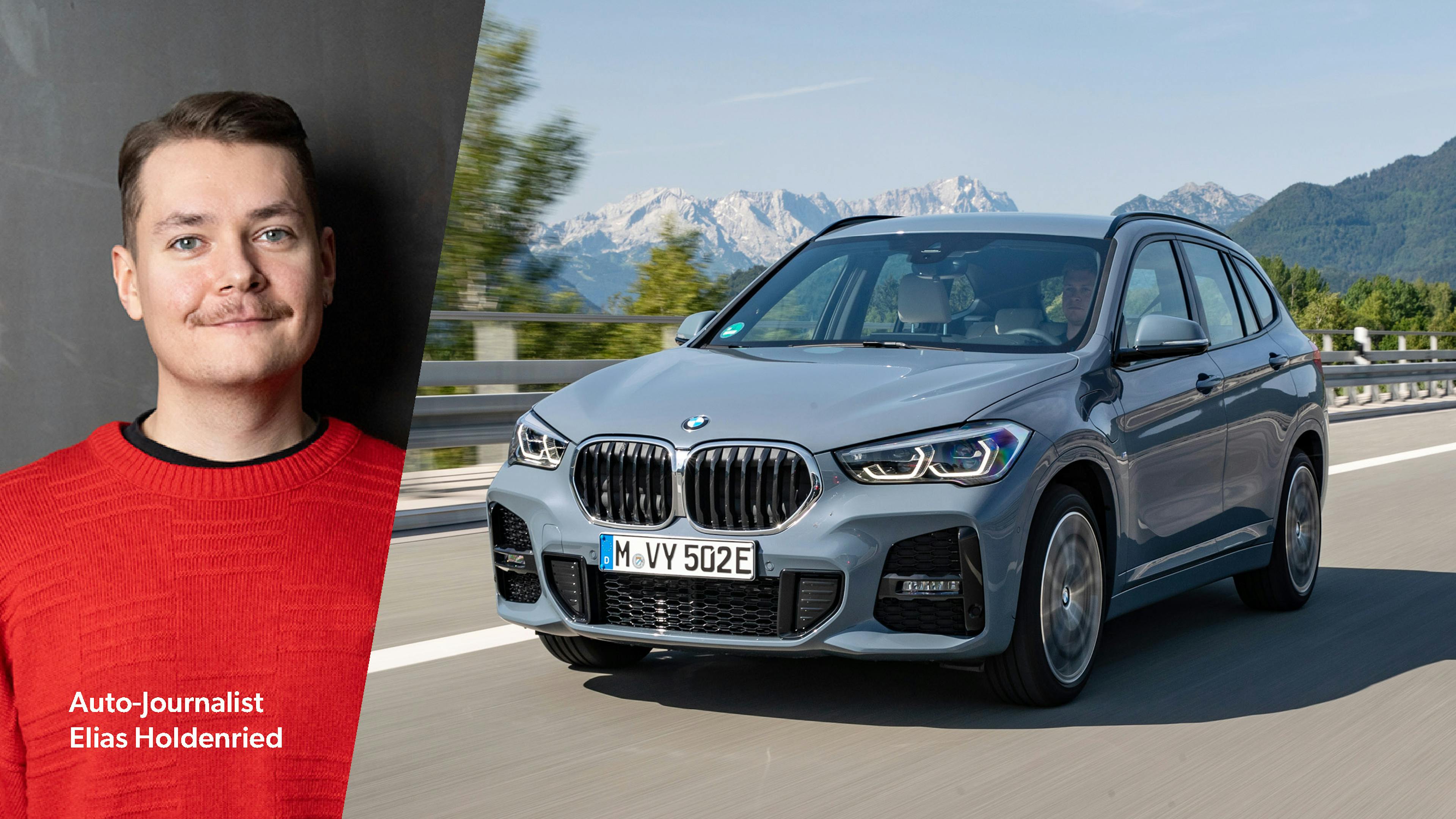 Eine Collage mit dem Redakteur und einem grauen BMW X1, der auf einer Autobahn durch die Berge fährt.