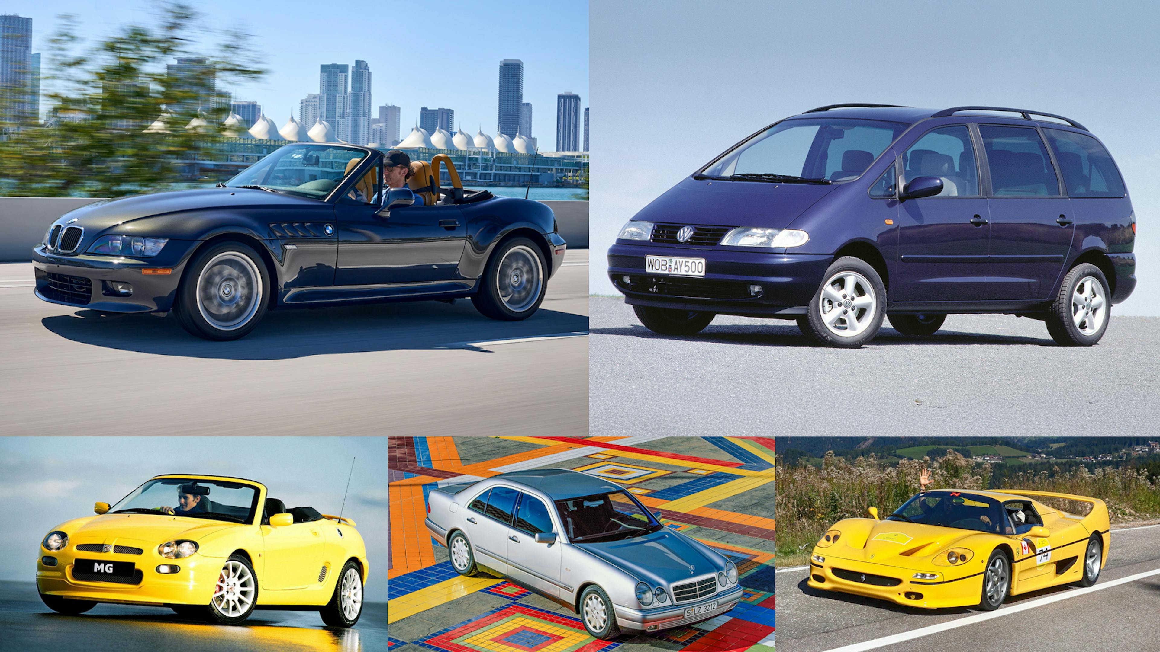 Eine Collage mit Oldtimern, darunter ein blauer BMW Z3, ein blauer VW Sharan, ein gelber MG F, eine silberne Mercedes E-Klasse und ein gelber Ferrari F50.