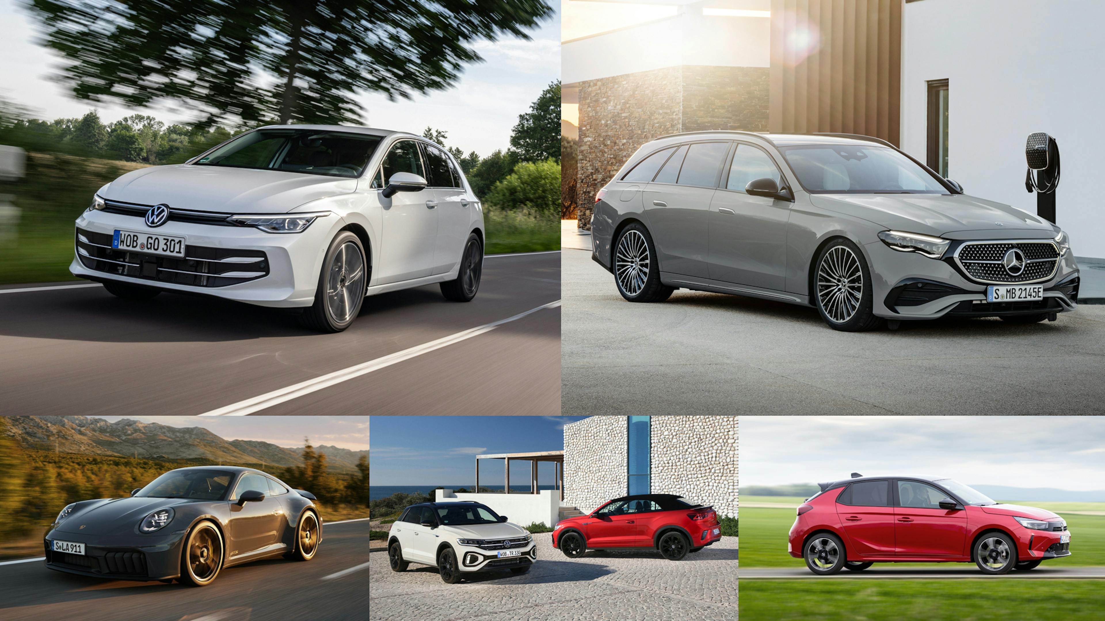 Eine Collage mit modernen Autos, darunter ein weißer VW Golf, ein grauer Mercedes E-Klasse Kombi, ein schwarzer Porsche 911, ein weißer und roter VW T-Roc sowie ein roter Opel Corsa.