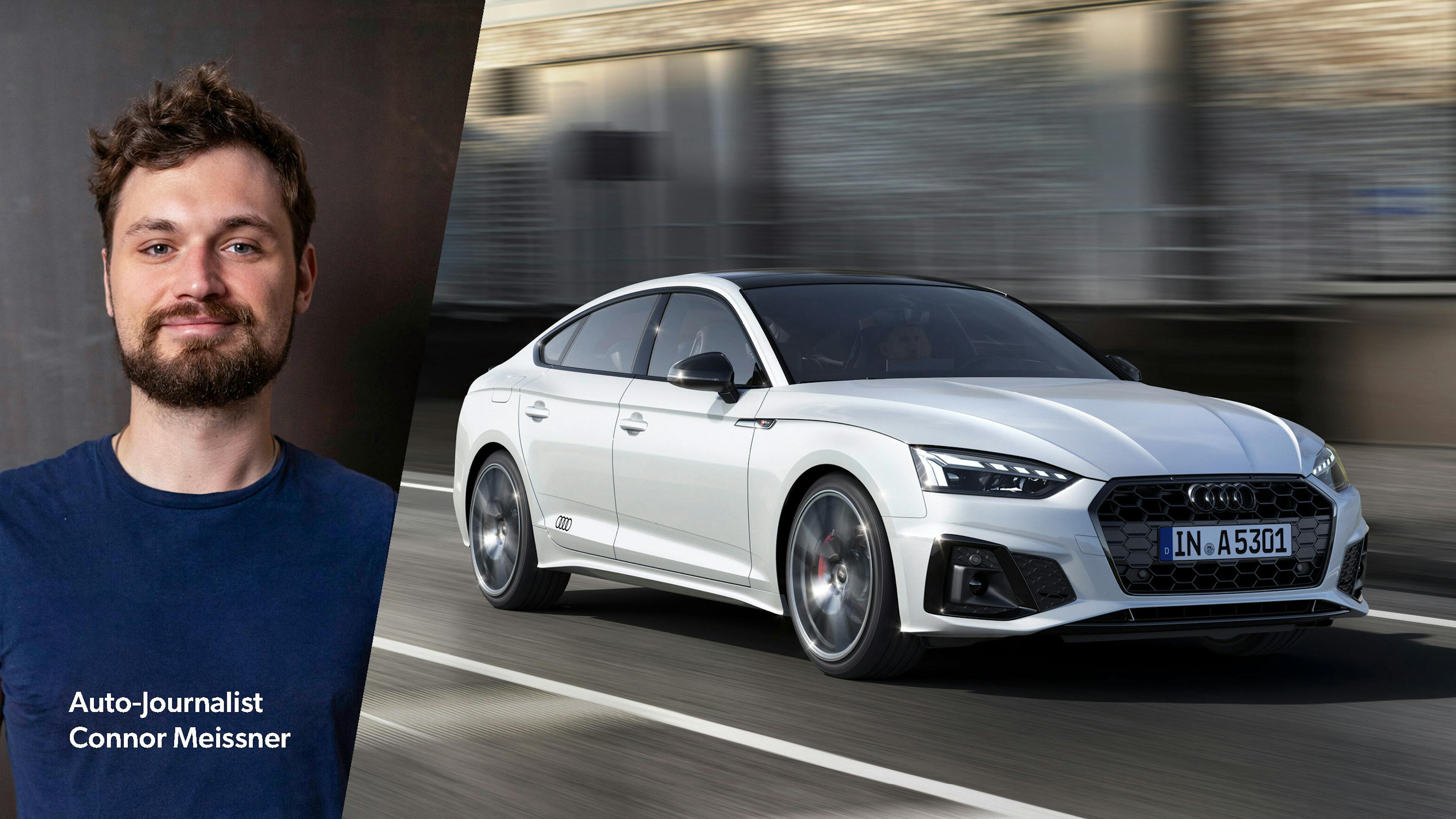 Eine Collage mit dem Bild des Redakteurs und einem grauen Audi A5, der an einem Ufer über eine Landstraße fährt.