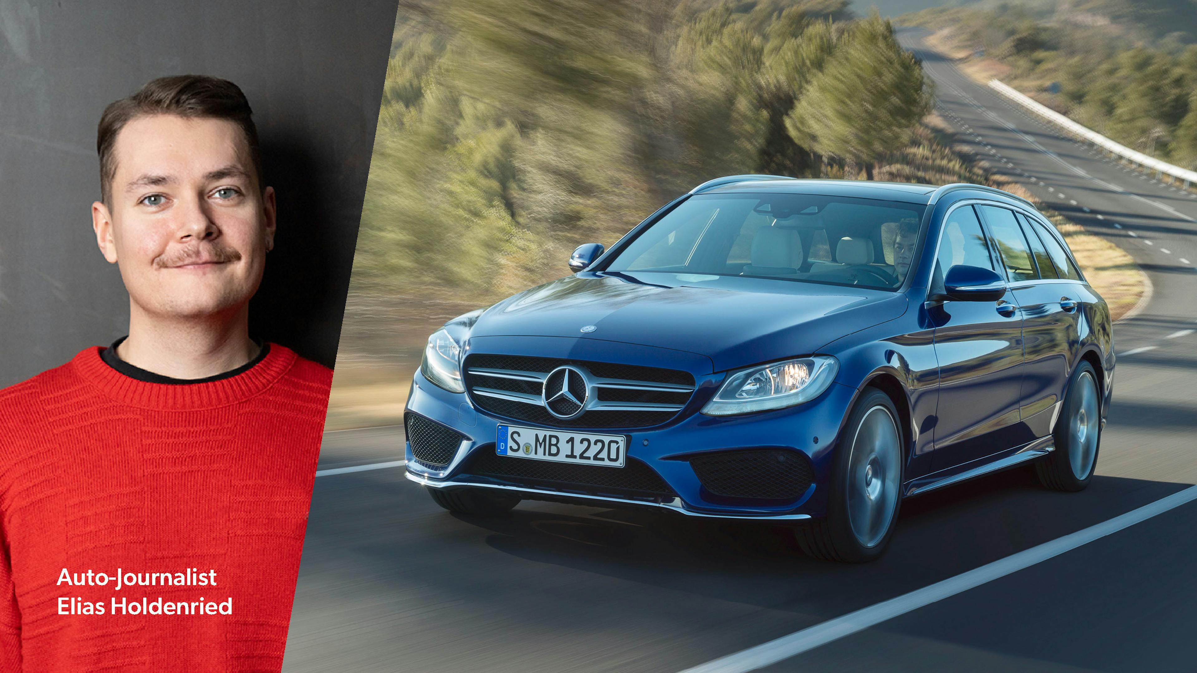 Eine Collage des Redakteurs Elias Holdenried und eines blauen Mercedes C-Klasse Kombi.
