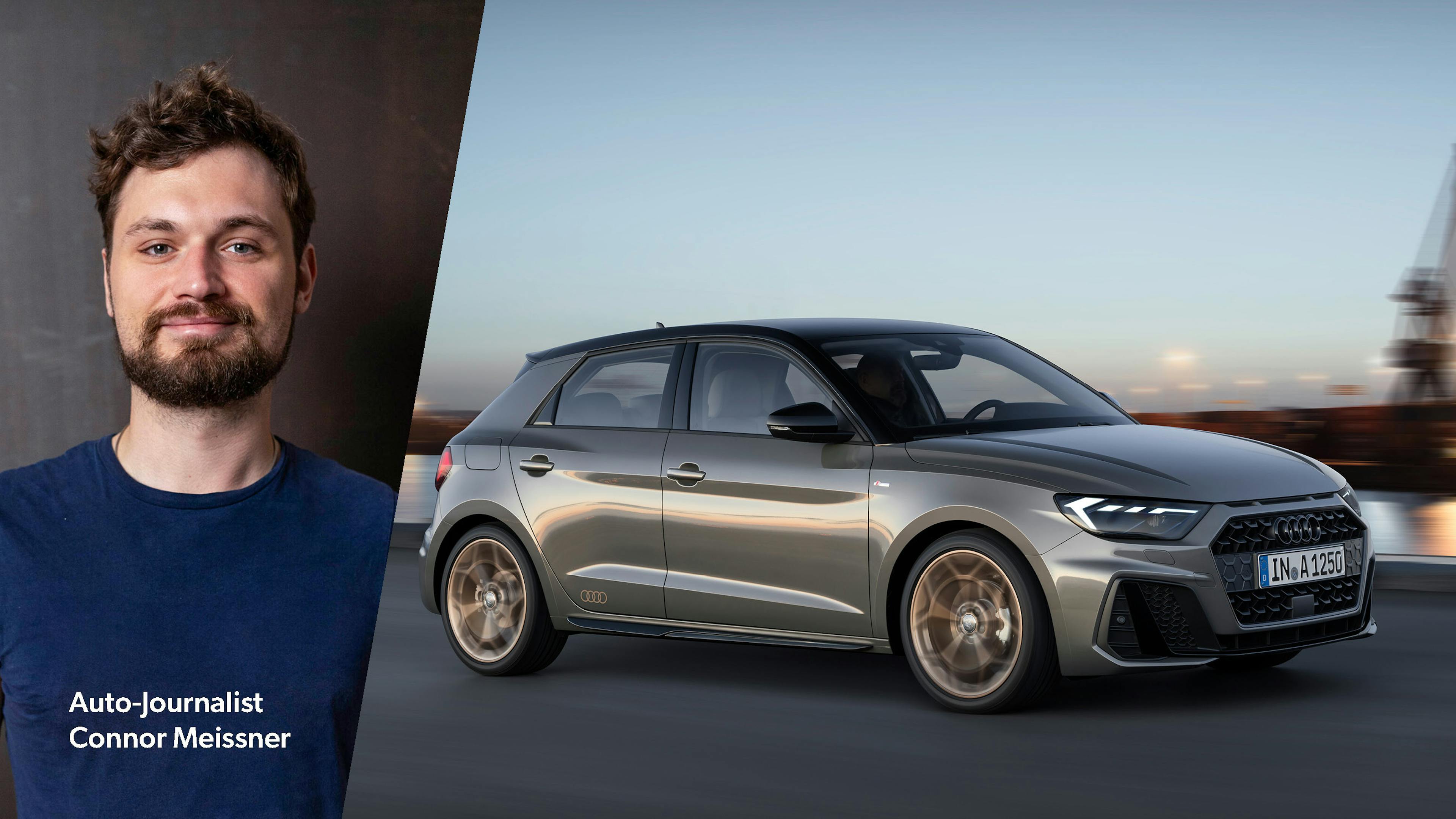  Eine Collage mit dem Bild des Redakteurs und einem grauen Audi A1, der mit dem Himmel im Hintergrund über eine Landstraße fährt.