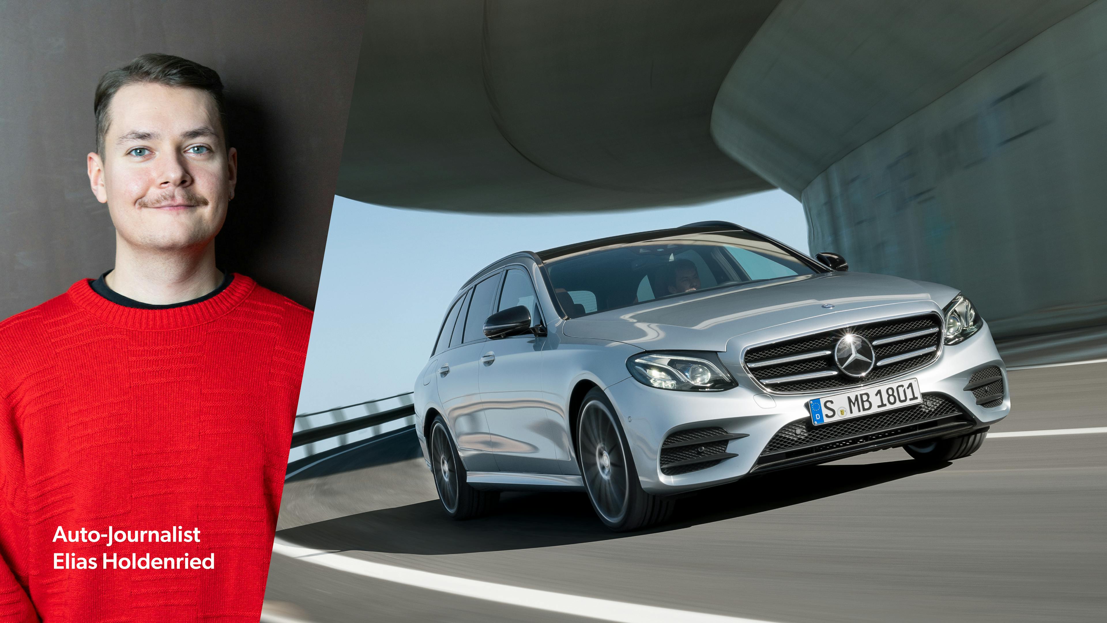 Eine Collage des Redakteurs Elias Holdenried und eines silbernen Mercedes E-Klasse T-Modells.