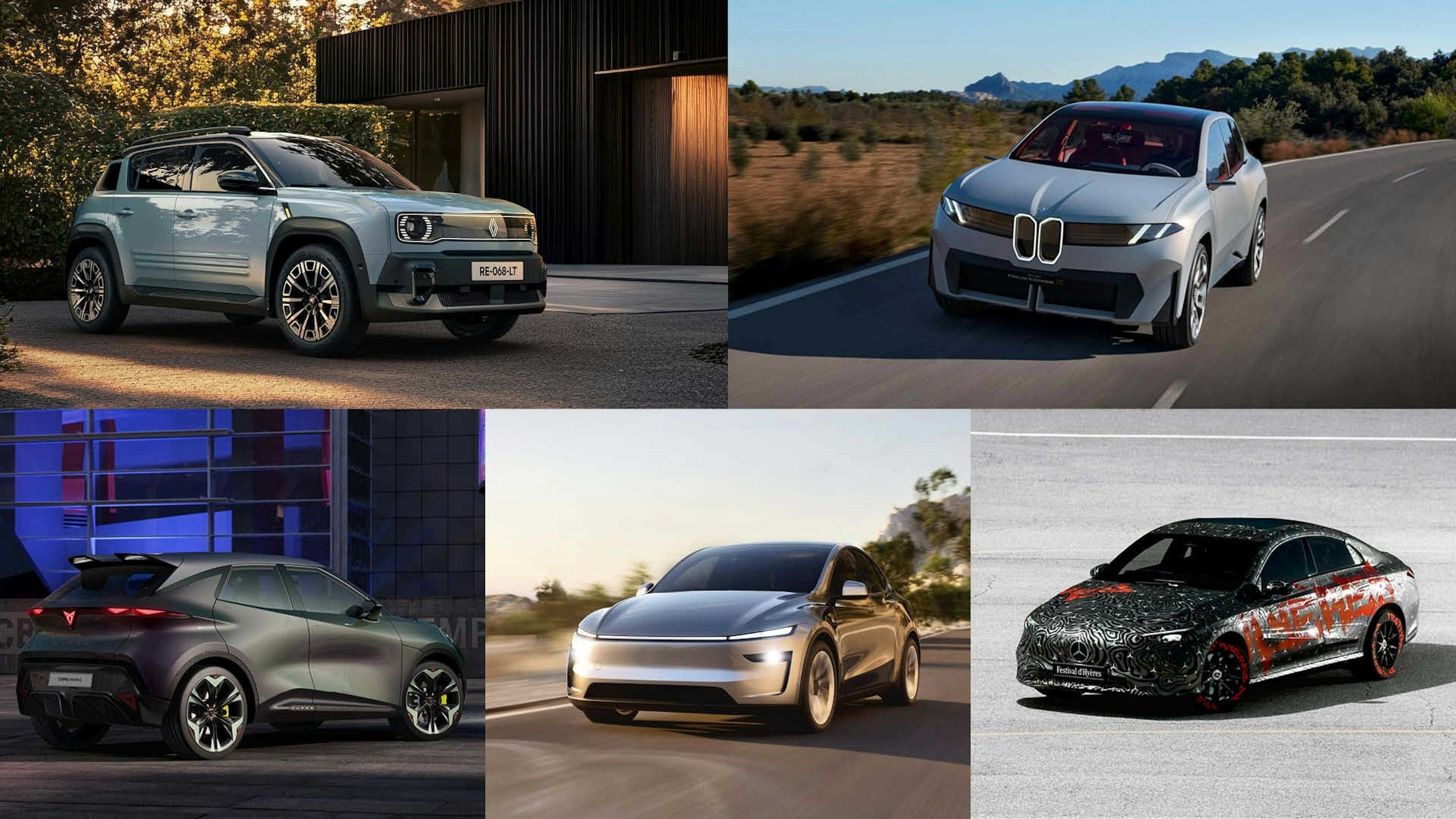 Eine Collage mit Bildern des Cupra Urban Rebel, Renault 4 E-Tech Electric, BMW Neue Klasse X, Mercedes CLA und Tesla Model Y „Juniper".