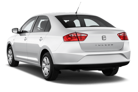 Ein weißer Seat Toledo, Rückansicht, steht auf einem transparenten Hintergrund. Das Auto hat rote Rücklichter und eine Antenne auf dem Dach.