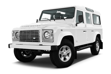 Weißer Land Rover Defender, seitlich von links fotografiert, auf weißem Hintergrund. Robust und klassisches Design.
