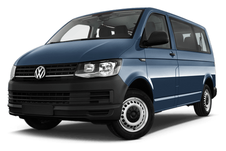 Blauer Volkswagen-Transporter mit schwarz abgesetzter Front und weißen Felgen auf weißem Hintergrund.