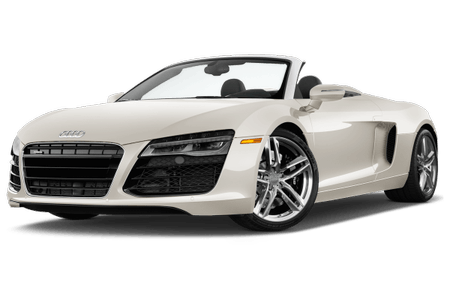 Weißer Audi Cabrio-Sportwagen von vorne, mit offenem Verdeck, auf weißem Hintergrund.