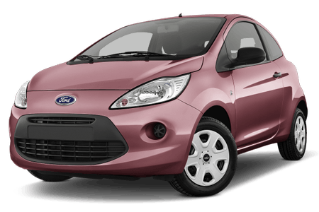 Rosa Ford Ka Kleinwagen, Frontansicht, auf weißem Hintergrund.