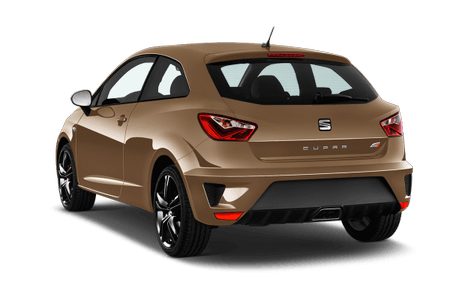 Brauner, sportlicher Kleinwagen mit SEAT-Logo, dreitürig und dynamisches Design. Rückansicht, schwarze Felgen, stilvolle Rückleuchten.