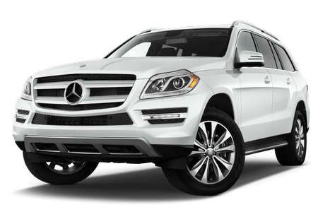 Weißer Mercedes-Benz SUV auf weißem Hintergrund, mit glänzenden Felgen und markantem Markenlogo auf dem Kühlergrill.