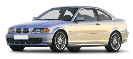 Silberner BMW E46 Coupé, Seitenansicht. Elegantes Design mit sportlichen Felgen, zwei Türen und getönten Scheiben.