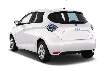 Weißes Auto, Rückansicht, mit abgerundeten Formen und dunklen Fenstern, geparkt auf weißem Hintergrund.