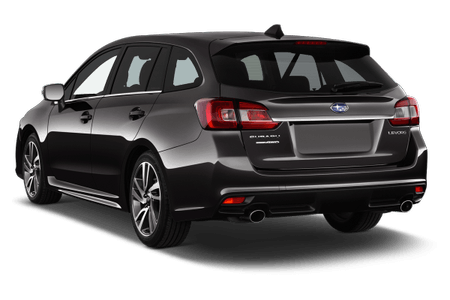 Schwarzer Kombiwagen, Heckansicht, mit silbernen Felgen und zwei Auspuffrohren, geparkt auf neutralem Hintergrund.