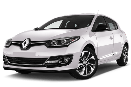 Weißer fünftüriger Renault mit modernen Scheinwerfern und markantem Kühlergrill, Seitenansicht leicht von vorne.