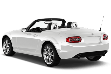 Weißer Cabrio-Sportwagen mit offenem Verdeck, Rückansicht, auf weißem Hintergrund.