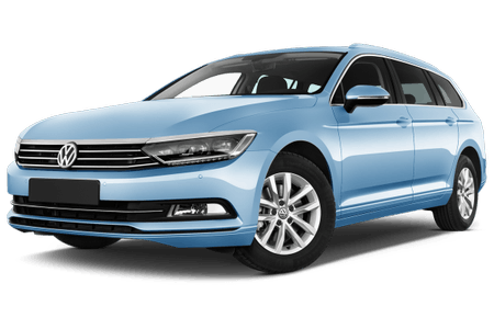 Blauer Volkswagen Kombi vor weißem Hintergrund, zeigt Front- und Seitenansicht. Elegantes Design mit silbernen Felgen.