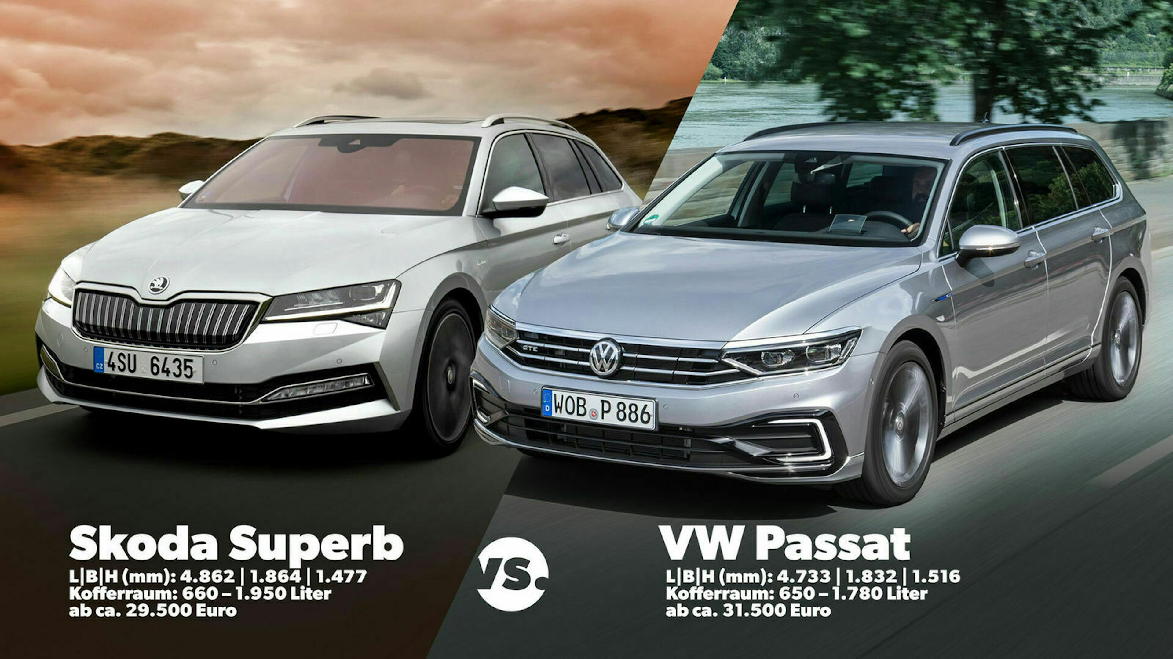 Zu sehen sind der Škoda Superb und der VW Passat nebeneinander
