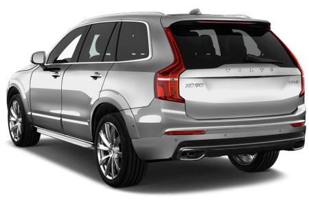 Silberner Volvo XC90 SUV von hinten, geparkt, klare Sicht auf Rückleuchten und Logo.