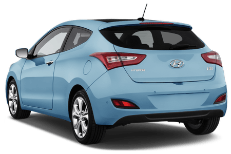 Blauer Hyundai i30 von hinten, kompakter Fünftürer mit sportlichem Design, silberne Felgen und moderne Rückleuchten.