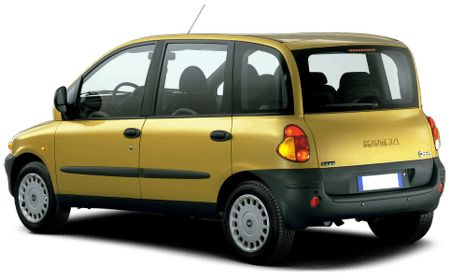 Gelber Minivan, seitlich von hinten fotografiert. Kompakte Bauweise, schwarze Stoßstangen, fünf Türen, Radkappen.