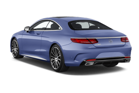 Blauer Mercedes Coupé von hinten, elegantes Design, sportliche Felgen, schwarze Fenster.