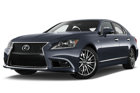 Dunkelblauer Lexus-Luxuslimousine, Vorderansicht, stehend auf transparentem Hintergrund, mit markanter Frontpartie und glänzenden Felgen.