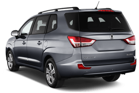 Silberner Minivan von hinten in seitlicher Ansicht. Dunkle Scheiben, Rückleuchten und Dachgepäckträger sichtbar.