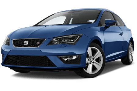 Blauer SEAT Leon FR, dreitürig, geneigte Frontansicht. Sportliches Design mit markanten Scheinwerfern und silbernen Felgen.