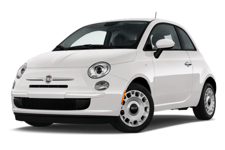 Weißer Fiat 500, kompakter Dreitürer mit rundem Design, aufgenommen vor weißem Hintergrund.