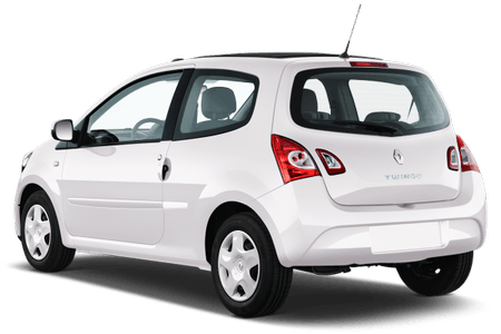 Weißer Kleinwagen, Modell Twingo, von hinten links gesehen. Dezentes Design, zwei Türen, kompakte Größe, parkend auf transparentem Hintergrund.