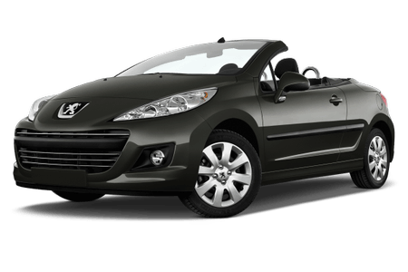 Schwarzes, modernes Cabriolet-Auto mit offenem Verdeck, seitliche Ansicht, auf weißem Hintergrund.