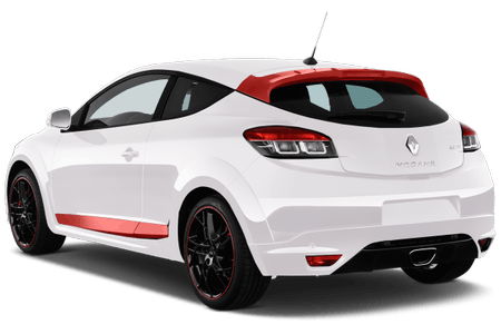 Weißer Renault Megane GT mit rotem Dach und Elementen, sportliches Design, schwarze Felgen, Ansicht von hinten links.