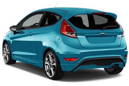 Ein blauer, moderner Kleinwagen mit sportlichem Design, aufgenommen von hinten, steht auf einem weißen Hintergrund.