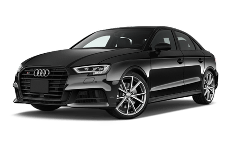 Schwarzer Audi S3 Limousine auf weißem Hintergrund, Vorder- und Seitenansicht. Elegantes Design mit markanten Felgen und LED-Scheinwerfern.