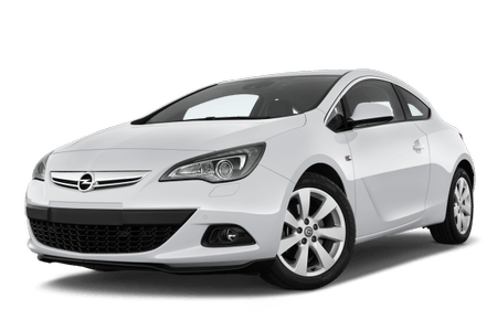 Weißes Auto, Opel-Modell, schräg von vorne fotografiert, klare Linien und modernes Design, auf transparentem Hintergrund.