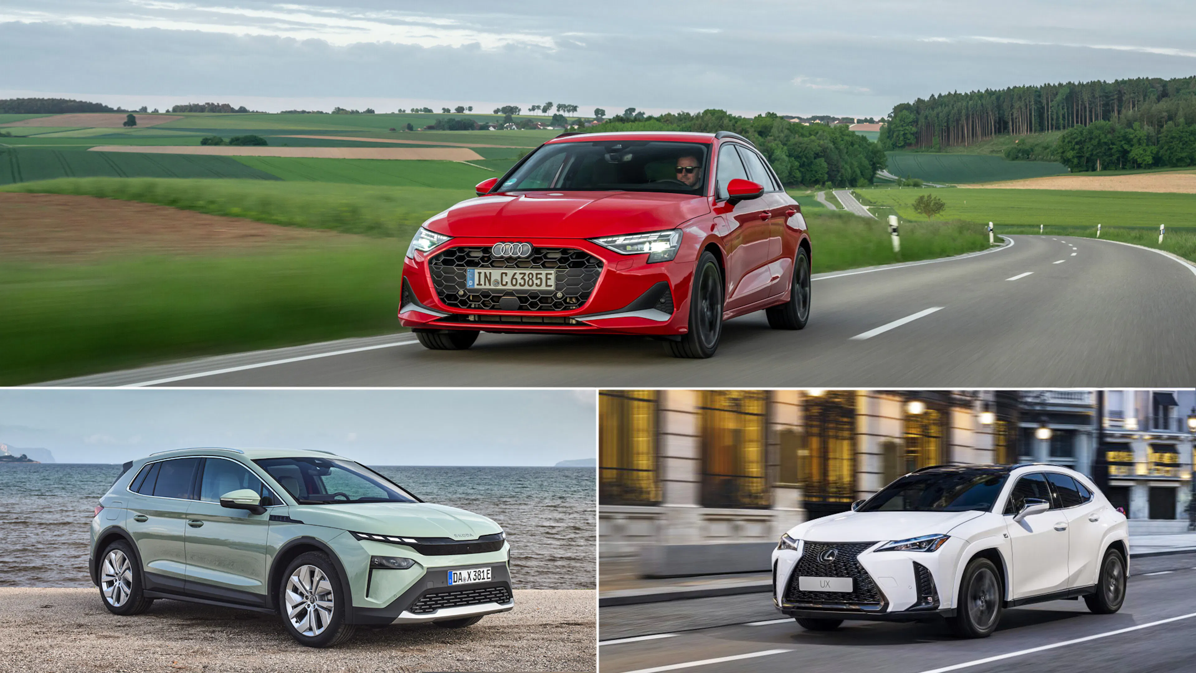 Ein roter Audi A3 Sportback, ein hell lackierter Škoda Elroq und ein Lexus UX in einer Collage.