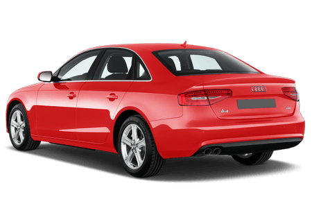 Rotes Auto, rückseitige Ansicht. Limousine mit vier Türen und silbernen Felgen auf weißem Hintergrund.